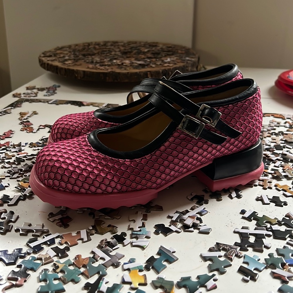 Fluevog Aimee pink mesh Mary Janes
